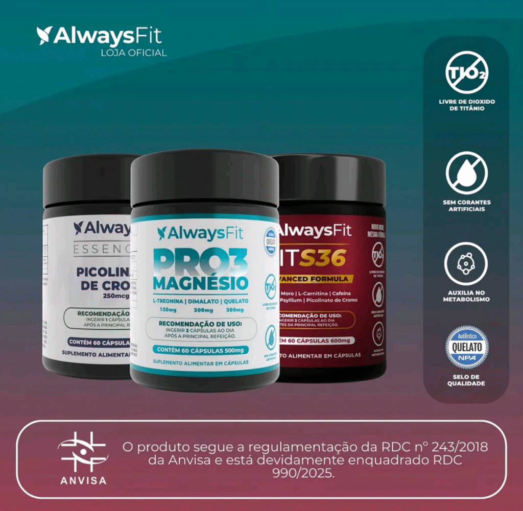 Três frascos de suplementos AlwaysFit: Picolinato de Cromo, Pro3 Magnésio e ITS36 Advanced Formula, livres de dióxido de titânio e aprovados pela Anvisa